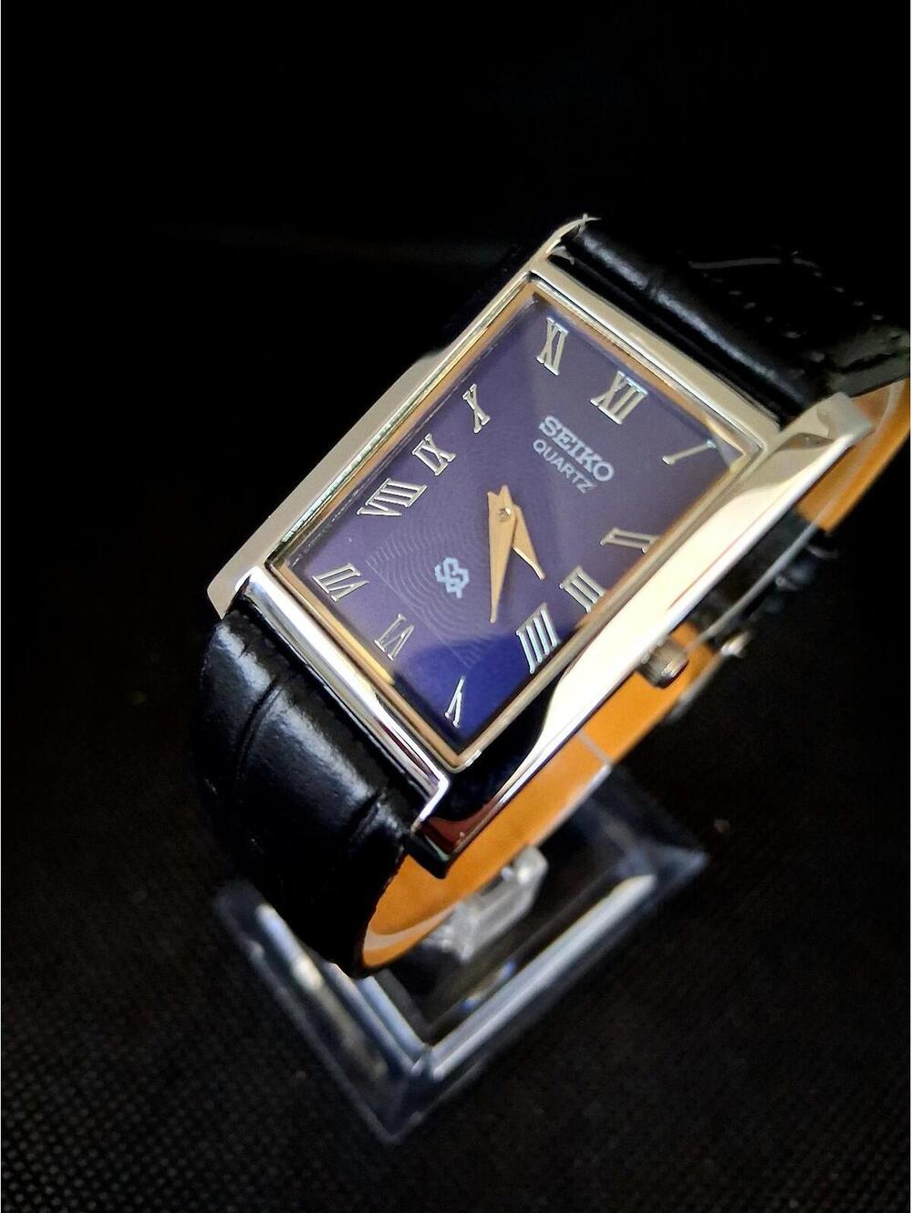 Men's Vintage Blue and Silver Tank Leather Watch RARE